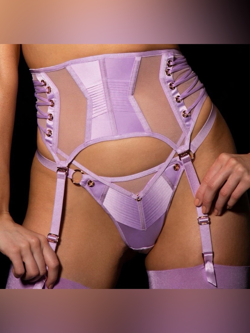 NWT Honey Birdette Jerry Lavender Satin Lace-Up Garter Bustier & Strappy Thong